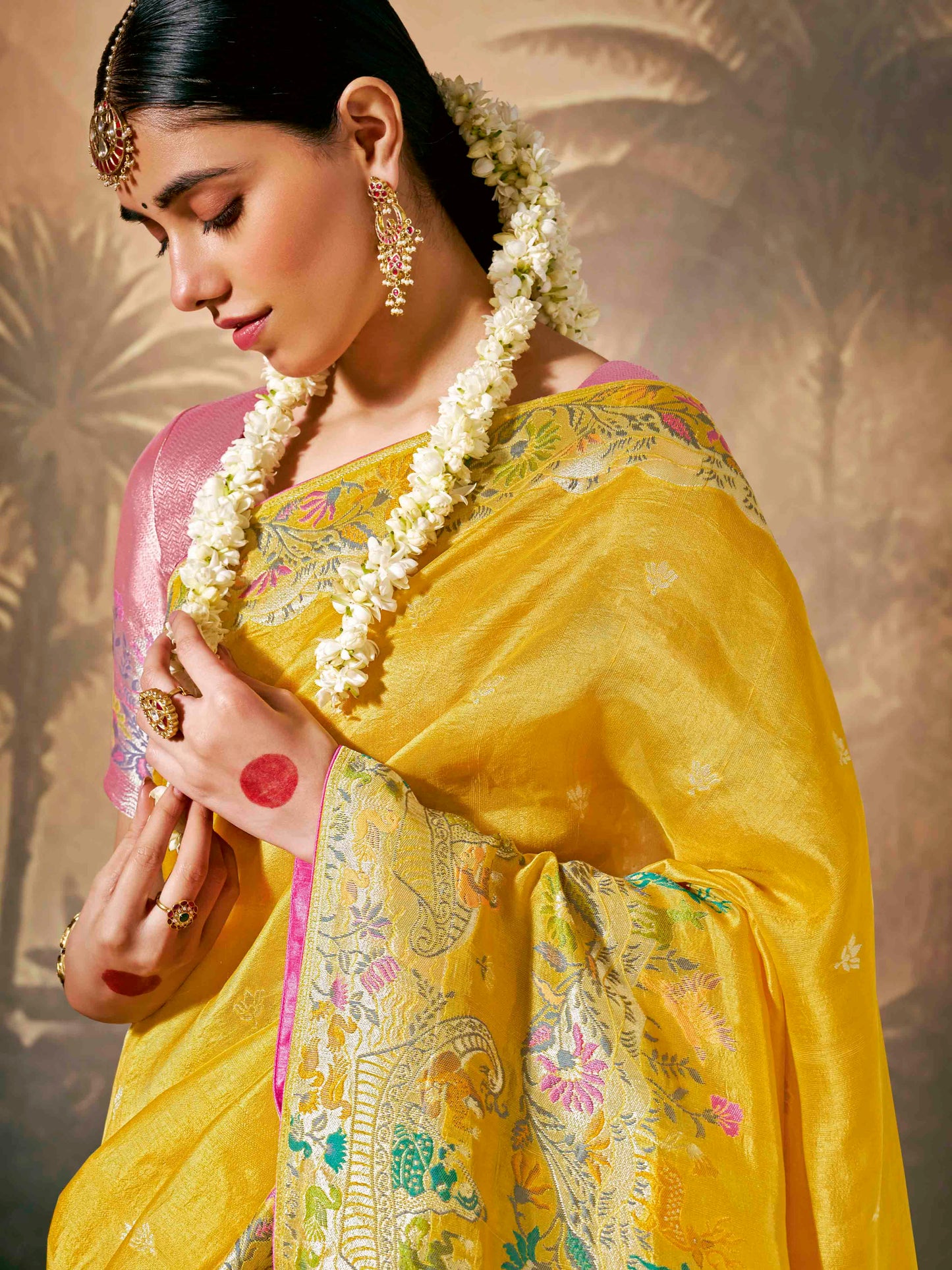 Dhiyona KM Women Vibrant Yellow Saree With Red Contrast Blouse
