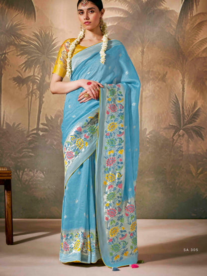 Dhiyona KM Women Elegant Sky Blue Saree With Yellow Contrast Blouse