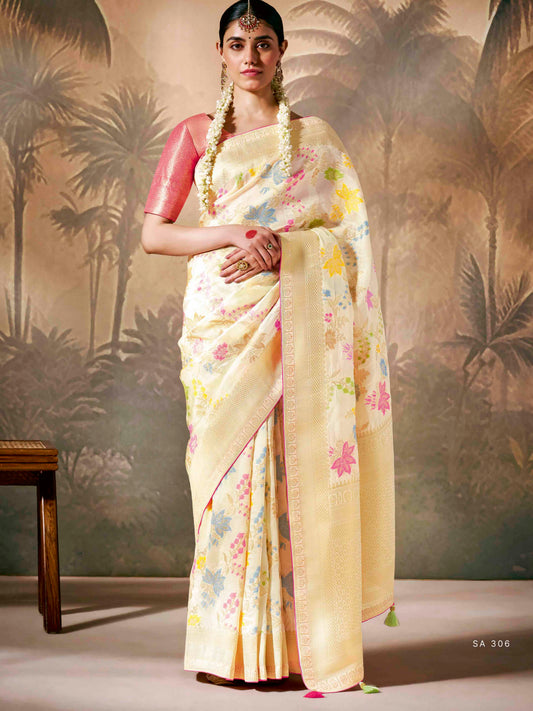Dhiyona KM Women Elegant White Saree With Multi-Color Floral Embroidery