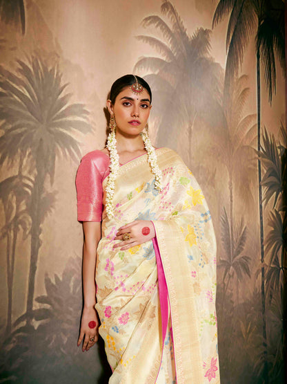 Dhiyona KM Women Elegant White Saree With Multi-Color Floral Embroidery