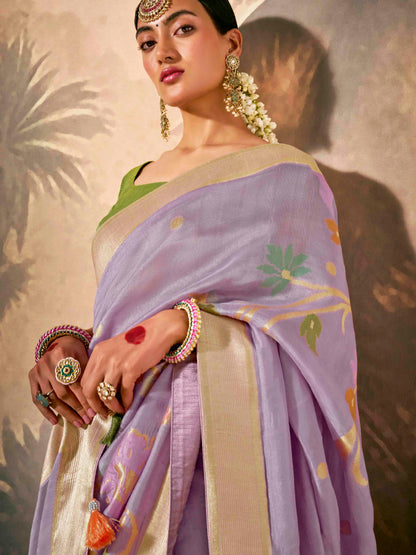 Dhiyona KM Women Royal Purple Silk Saree With Stunning Contrast Green Blouse