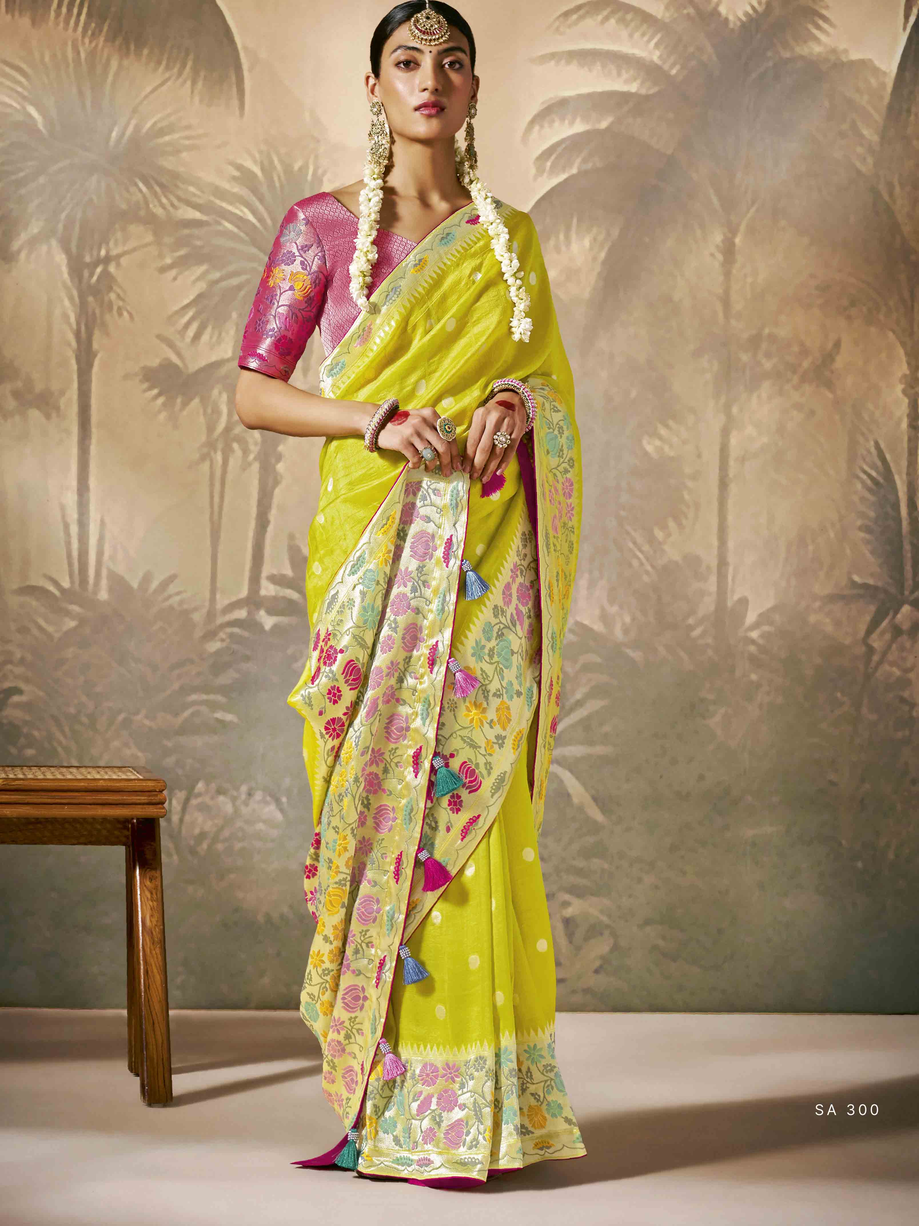 Dhiyona KM Women Vibrant Yellow Saree With Bold Red Blouse