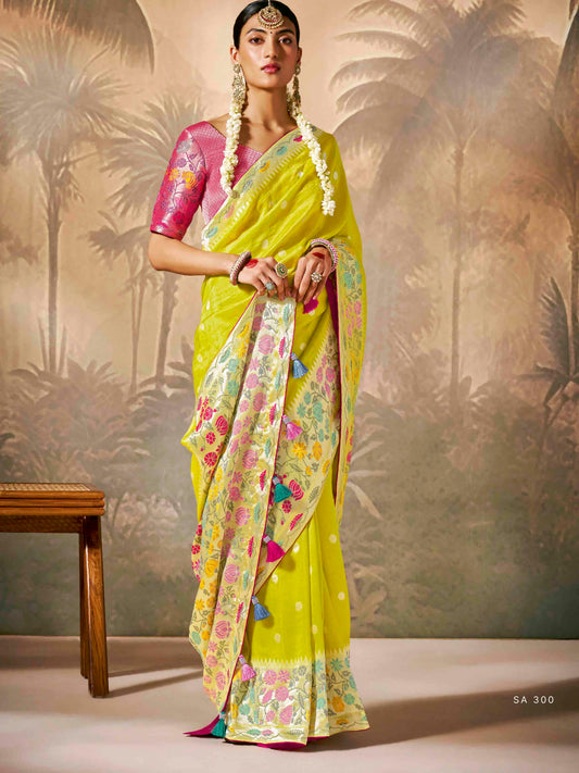 Dhiyona KM Women Vibrant Yellow Saree With Bold Red Blouse