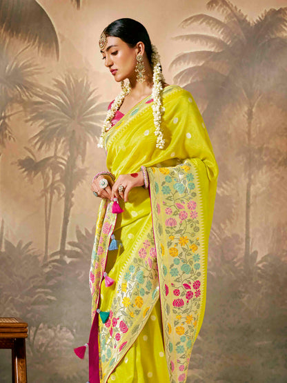 Dhiyona KM Women Vibrant Yellow Saree With Bold Red Blouse