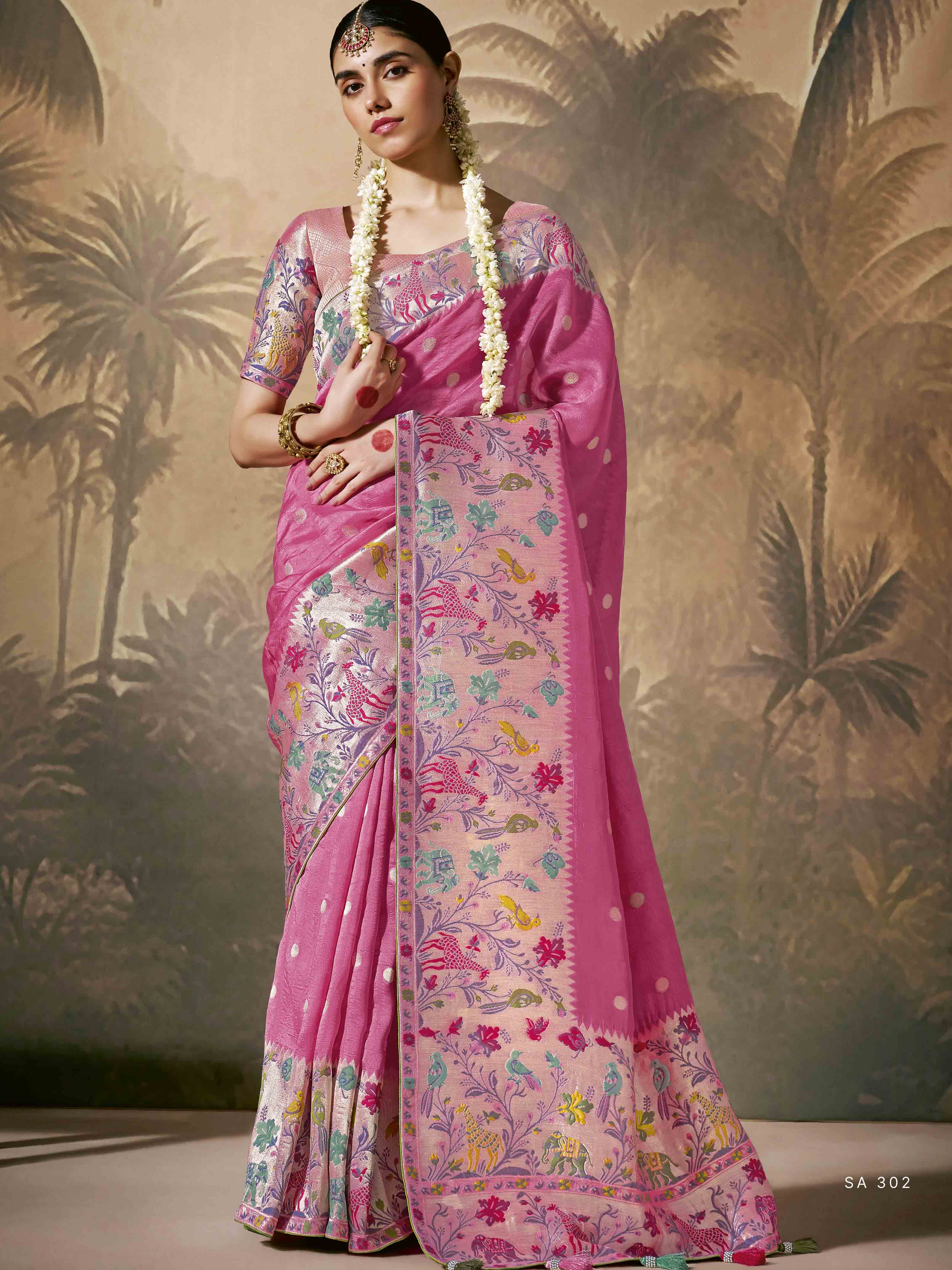Dhiyona KM Women Gorgeous Pink Banarasi Saree With Multi-Color Floral Weaving &Amp; Matching Pink Blouse