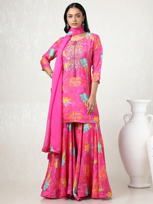 Dhiyona SO Women's Women Floral Printed Regular Mirror Work Kurta with Sharara & With Dupatta