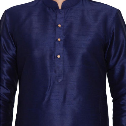 Men's Dark Blue Silk Blend Straight Kurta Pyjama Set