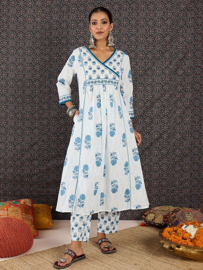 Dhiyona IE Printed V-Neck Three-Quarter Sleeves Pure Cotton Tunic And Trousers