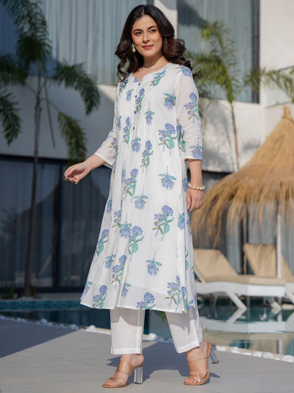 Dhiyona IE Floral Printed Round Neck Panelled A-Line Pure Cotton Kurta With Trousers