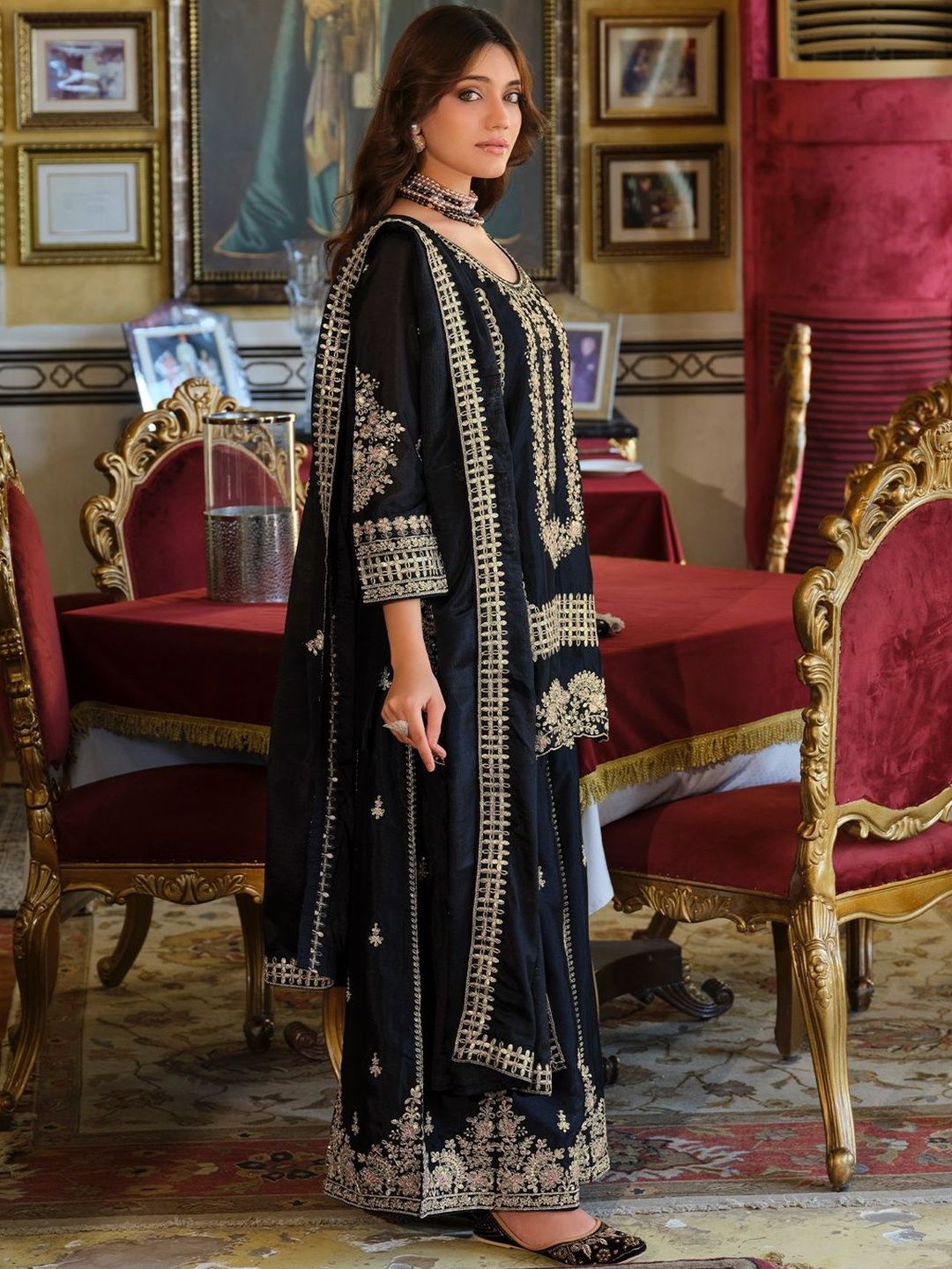 Women Ethnic Motifs Embroidered Thread Work Kurta with Palazzos & Dupatta