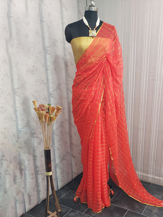 Women's Chiffon Orange Printed Celebrity Saree With Blouse Piece