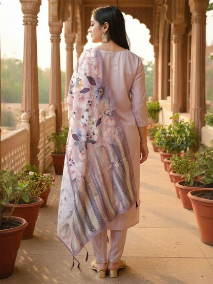 Dhiyona IE Women's Women Thread Work Straight Kurta with Trouser & Printed Dupatta