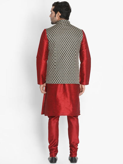 Men's Maroon Silk Blend Straight Jacket  Kurta and Pyjama Set