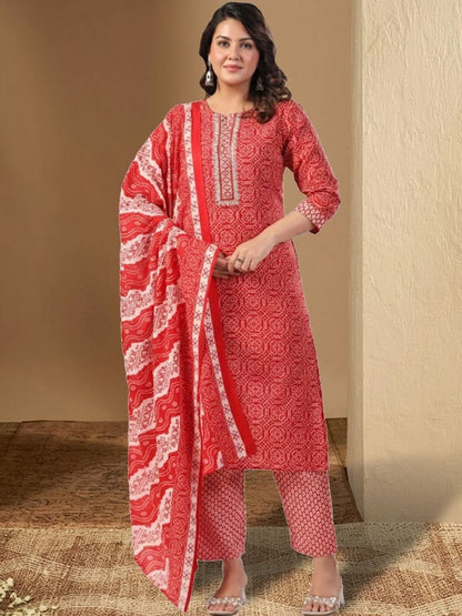 Women Printed Regular Thread Work Pure Cotton Kurta with Trousers & With Dupatta