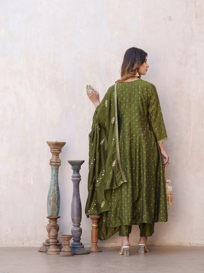 Dhiyona PD Women Bandhani Printed Panelled Anarkali Kurta With Trouser & Dupatta