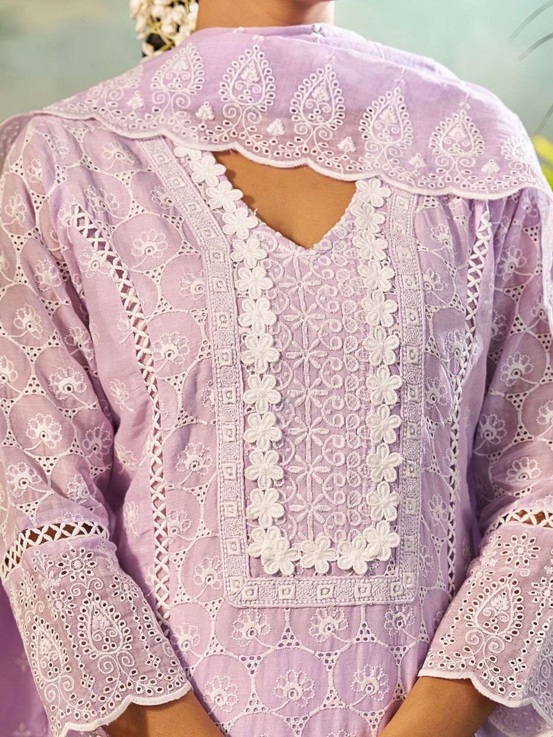 Women Ethnic Motifs Embroidered Regular Chikankari Pure Cotton Kurta with Trousers & With Dupatta