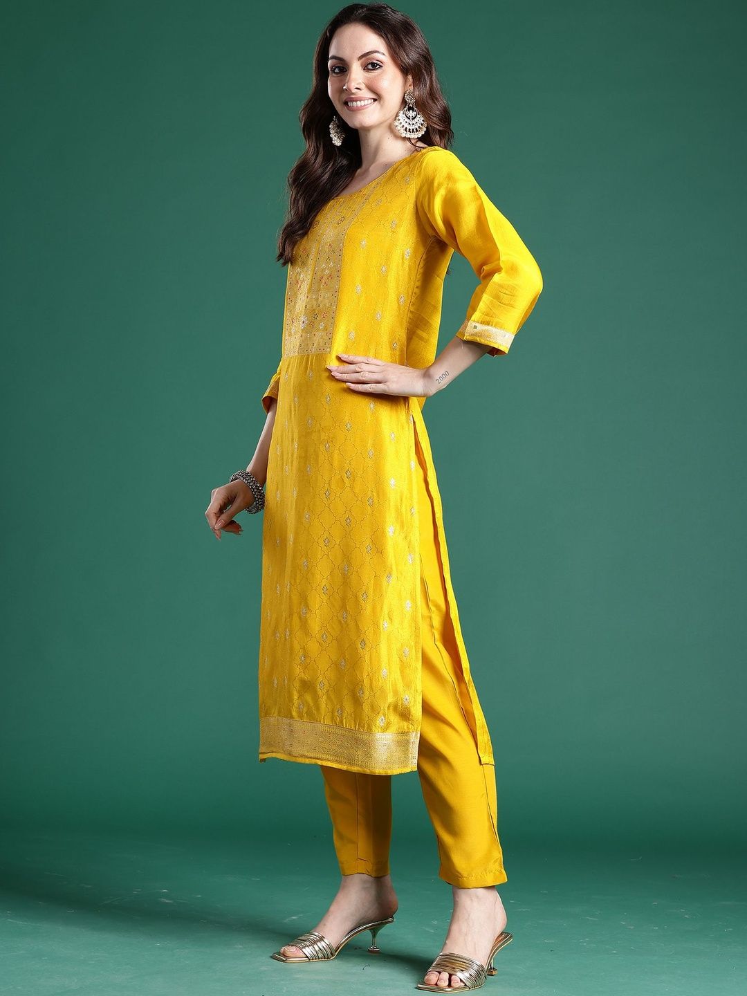 Woven Design Round Neck Straight Kurta With Trouser & Dupatta