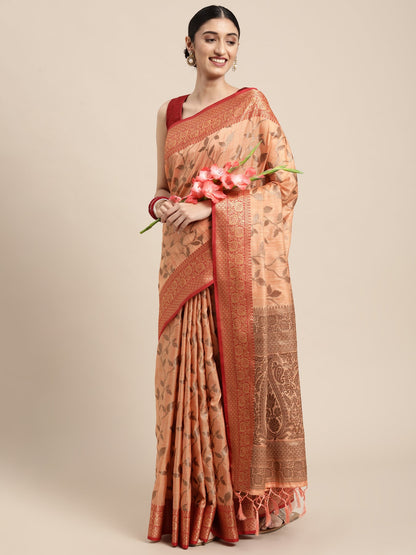Dhiyona GR Women's Rewaa Tangerine Orange Zari Woven Design Banarasi Pure Cotton Saree