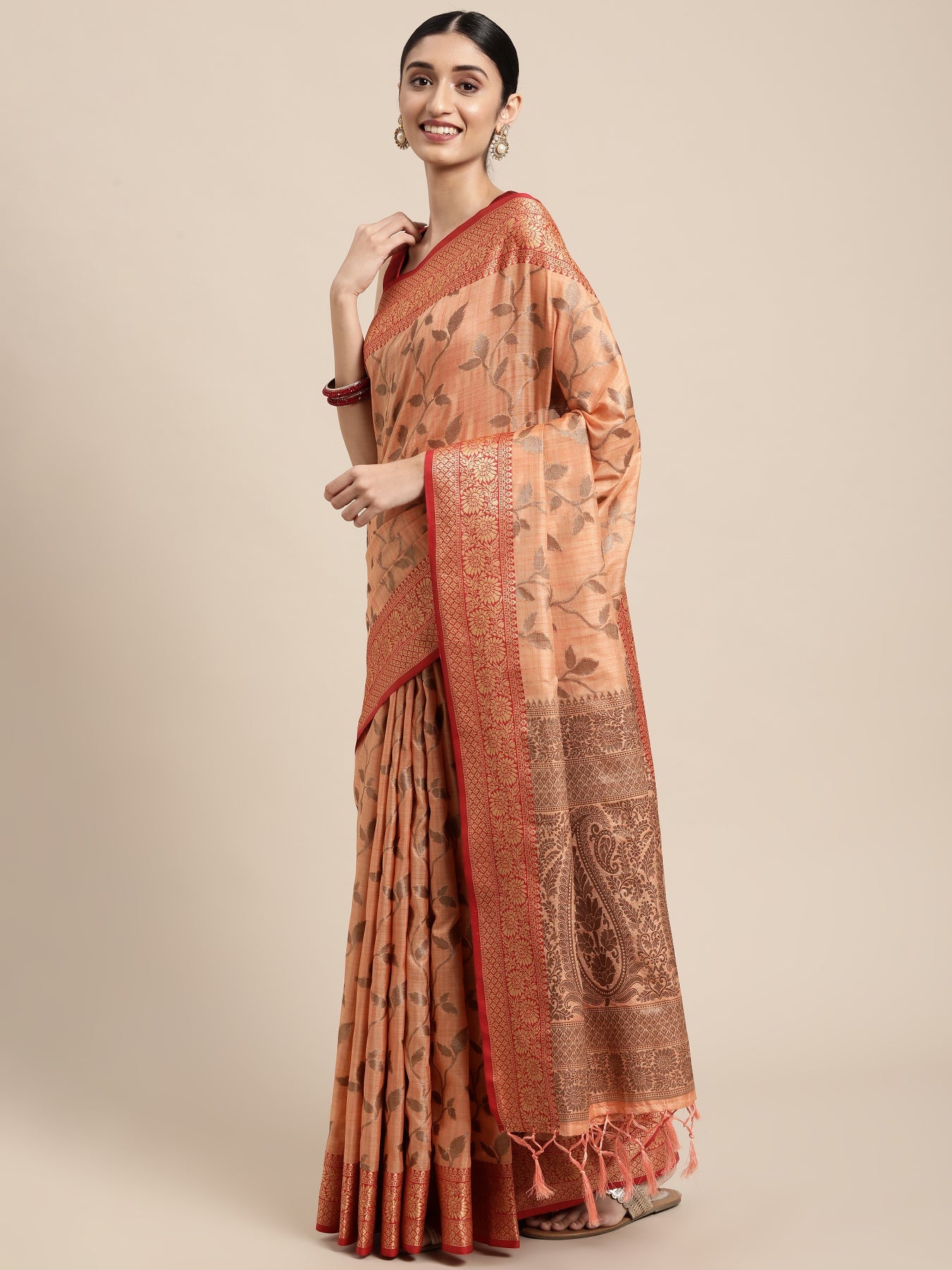 Dhiyona GR Women's Rewaa Tangerine Orange Zari Woven Design Banarasi Pure Cotton Saree