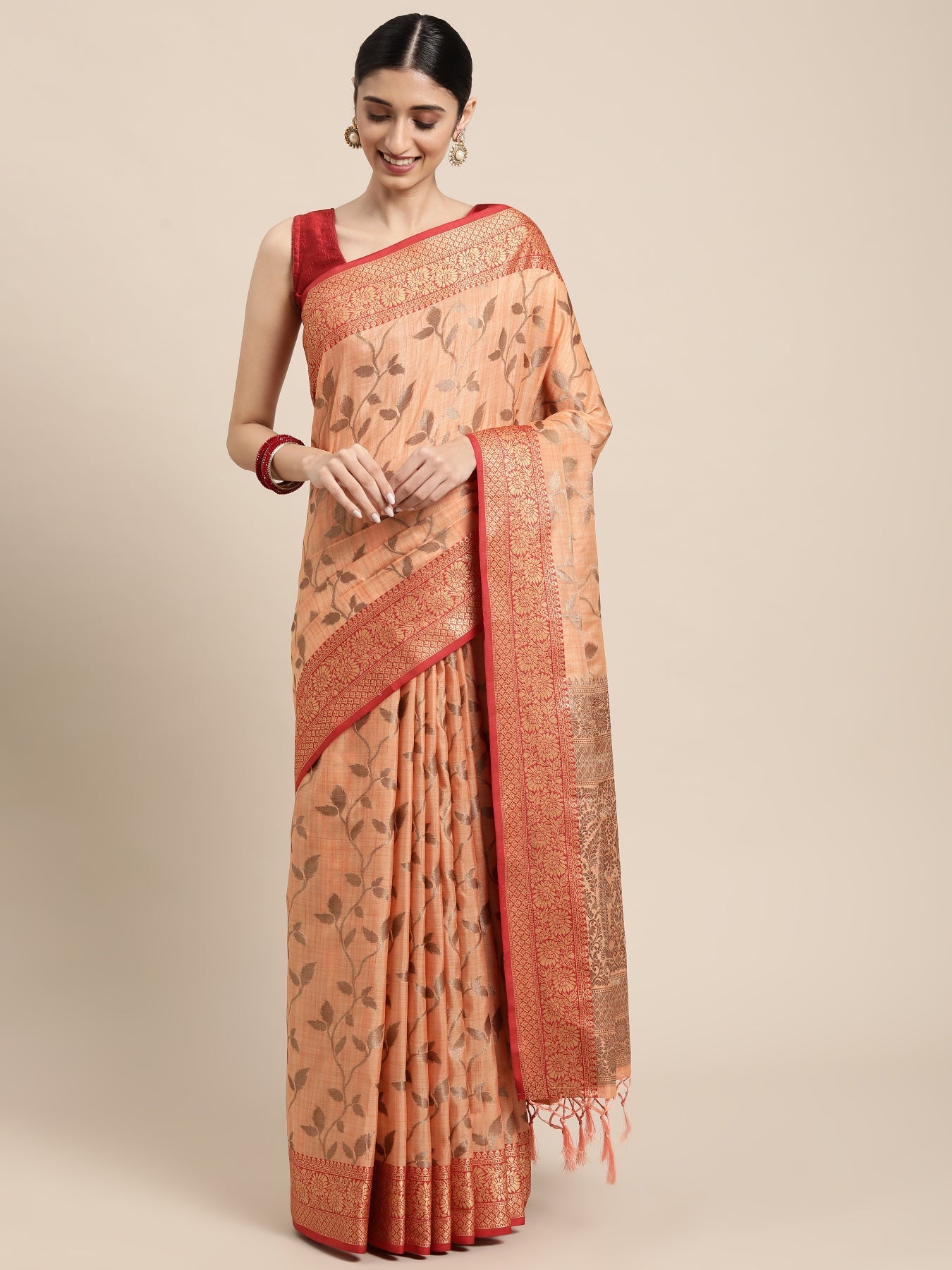 Dhiyona GR Women's Rewaa Tangerine Orange Zari Woven Design Banarasi Pure Cotton Saree