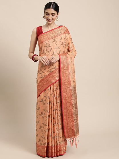 Dhiyona GR Women's Rewaa Tangerine Orange Zari Woven Design Banarasi Pure Cotton Saree