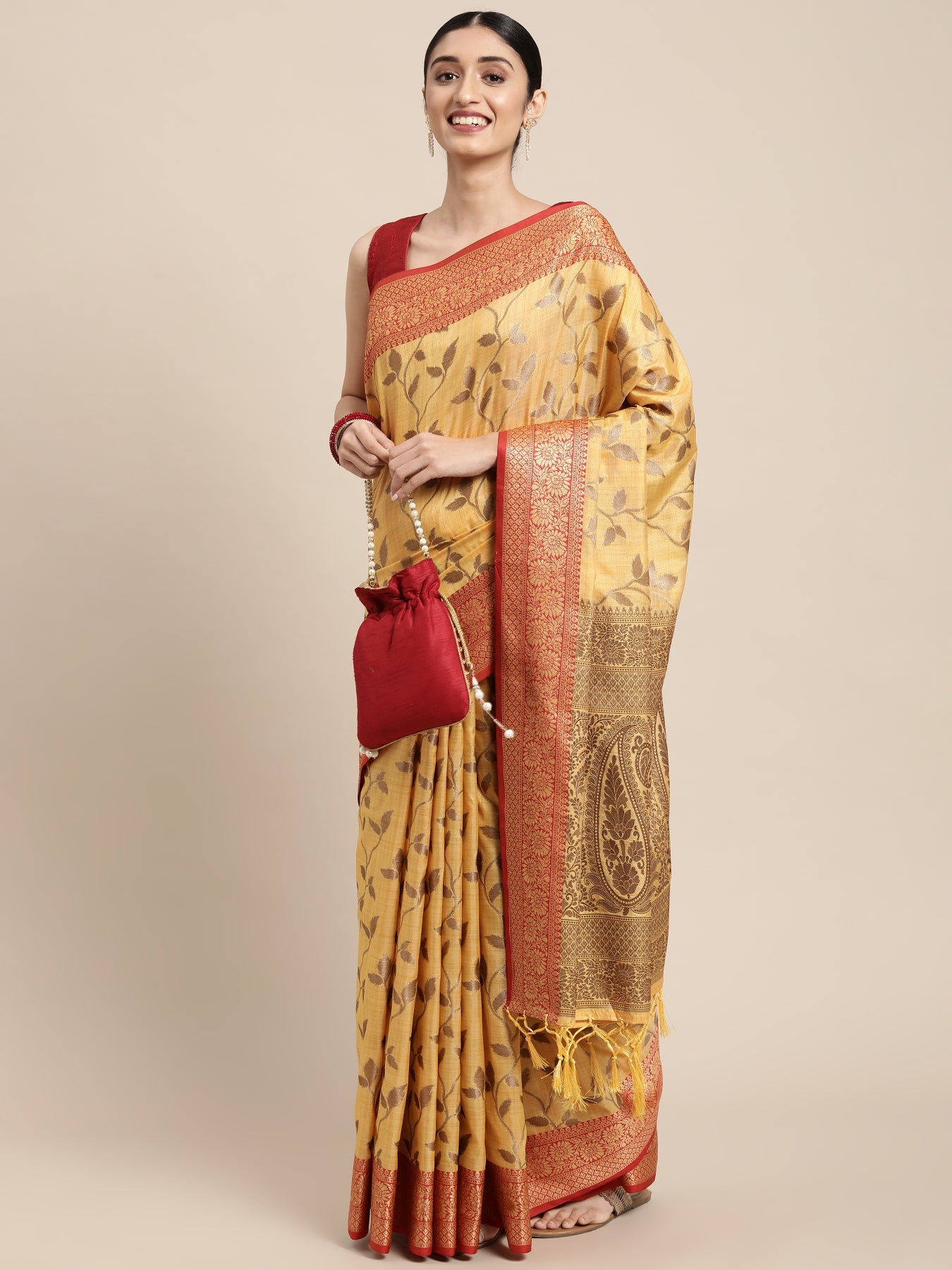 Dhiyona GR Women's Rewaa Tuscan Sun Yellow Zari Woven Design Banarasi Pure Cotton Saree