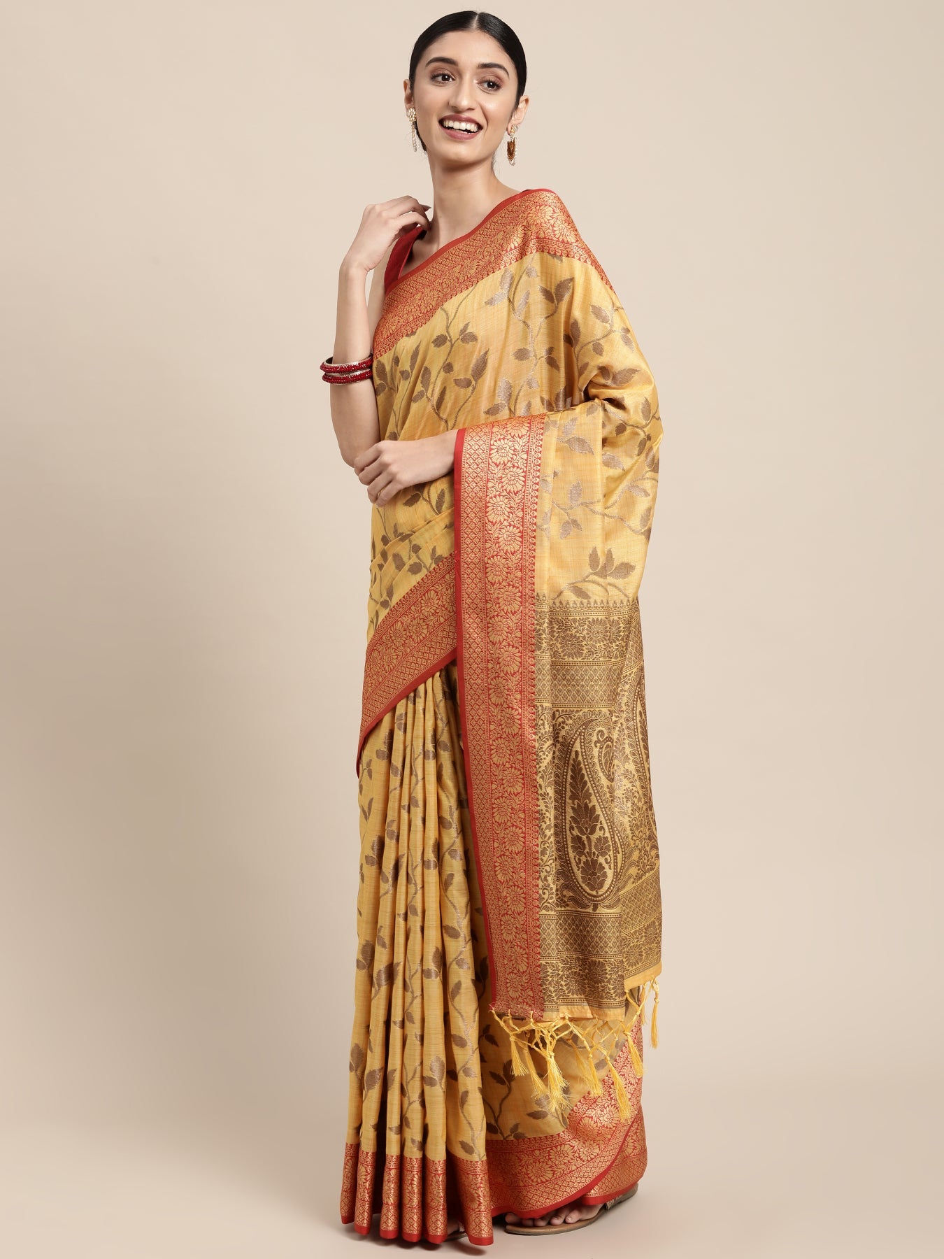 Dhiyona GR Women's Rewaa Tuscan Sun Yellow Zari Woven Design Banarasi Pure Cotton Saree