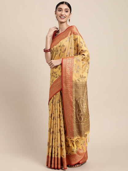 Dhiyona GR Women's Rewaa Tuscan Sun Yellow Zari Woven Design Banarasi Pure Cotton Saree