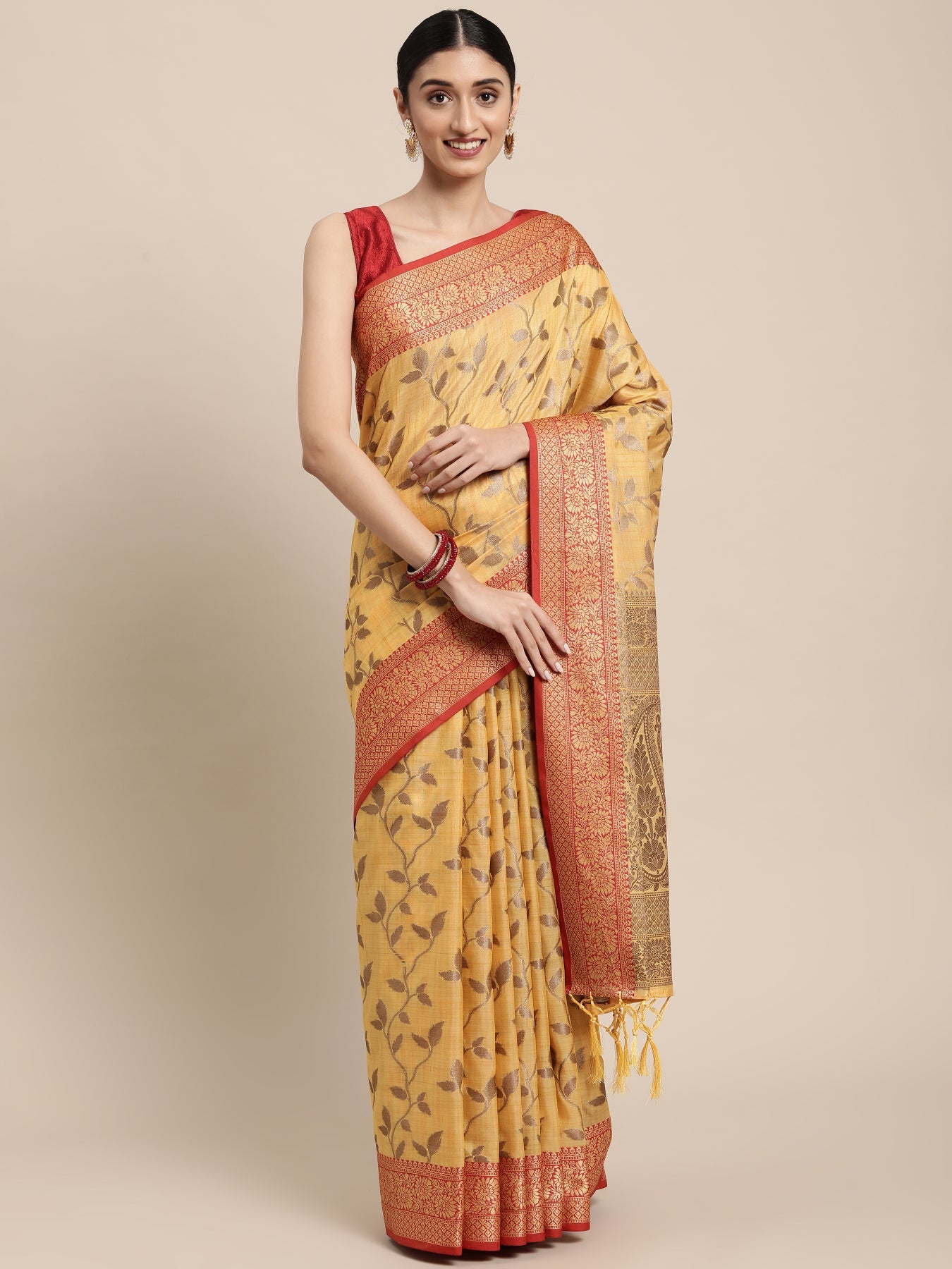 Dhiyona GR Women's Rewaa Tuscan Sun Yellow Zari Woven Design Banarasi Pure Cotton Saree