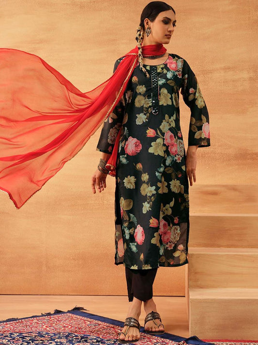 Dhiyona IS Women's Women Floral Printed Regular Mirror Work Kurta Set With Dupatta