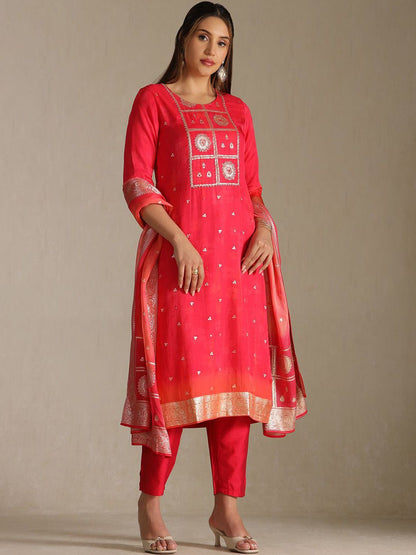 Dhiyona SO Women's Women Floral Woven Design Regular Sequinned Kurta With Trousers & Dupatta