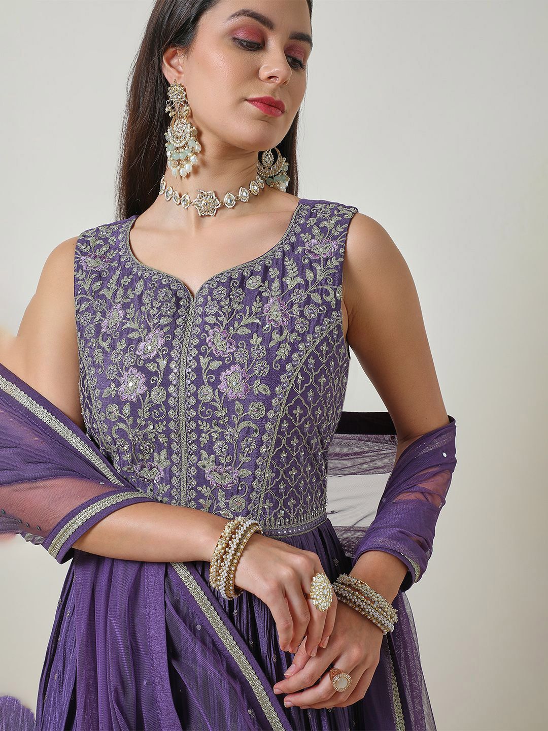 Dhiyona SO Women's Women Floral Embroidered Pleated Mirror Work Kurta with Churidar & With Dupatta