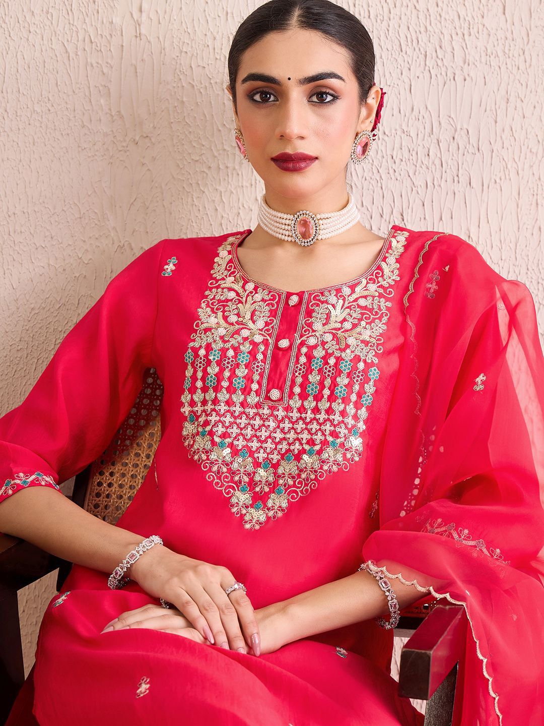 Women Embroidered Regular Sequinned Kurta with Trousers & With Dupatta