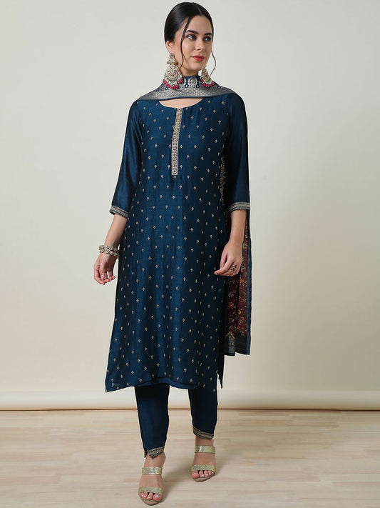 Dhiyona SO Women's Women Ethnic Motifs Embroidered Regular Zardozi Kurta with Trousers & With Dupatta