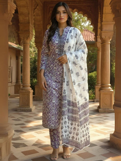 Women Ethnic Motifs Printed Cotton Kurta with Trousers & Dupatta