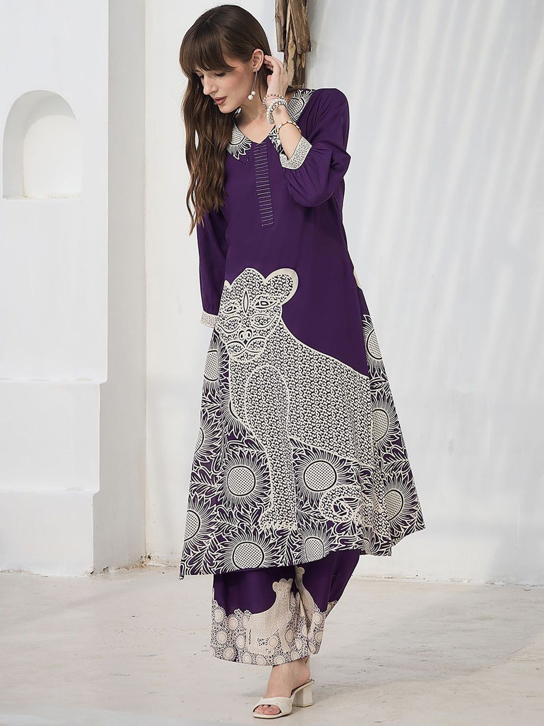 Geometric Printed V-Neck A-Line Kurta & Palazzos