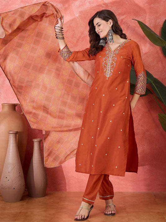Dhiyona SN Women's Floral Embroidered Kurta with Trousers & Dupatta