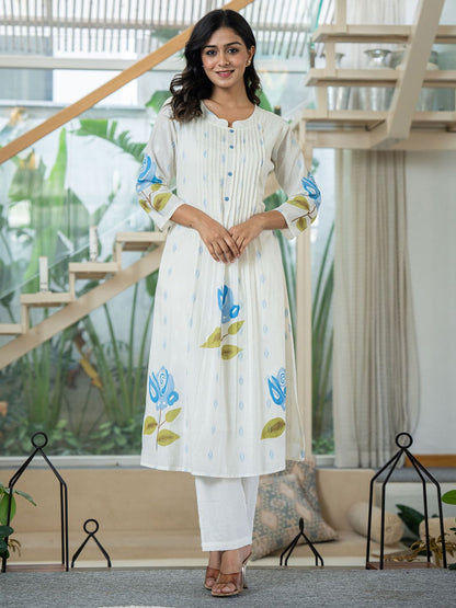 Floral Printed Mandarin Collar Pleated Pure Cotton A-Line Kurta With Trouser
