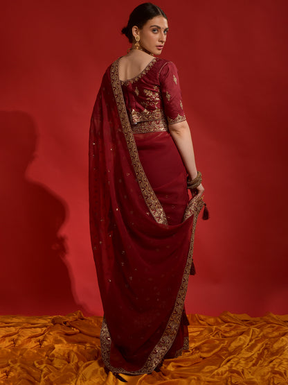 Women's Georgette Maroon Embellished Designer Saree With Blouse Piece