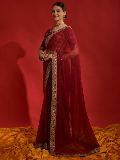 Women's Georgette Maroon Embellished Designer Saree With Blouse Piece
