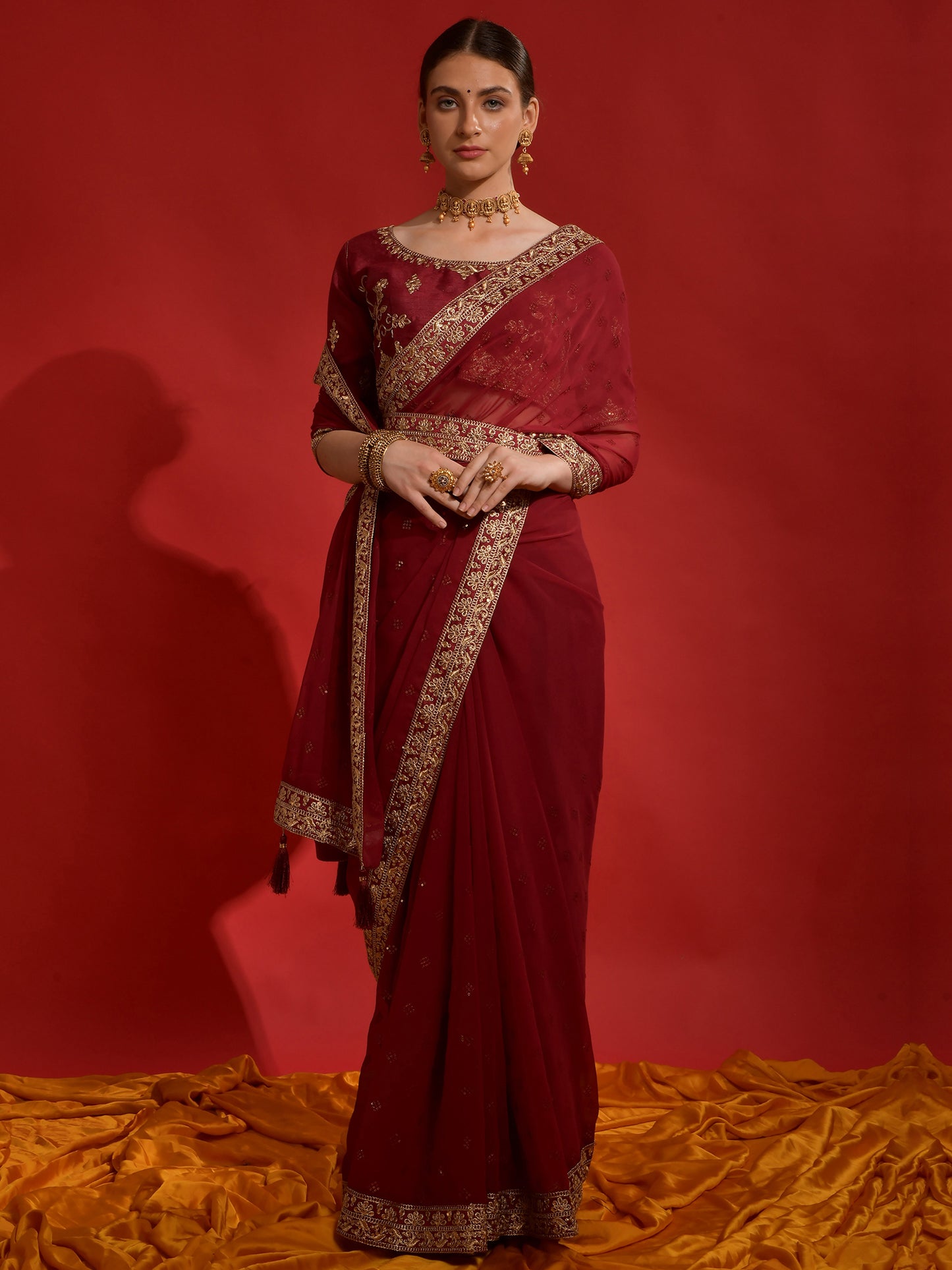 Women's Georgette Maroon Embellished Designer Saree With Blouse Piece