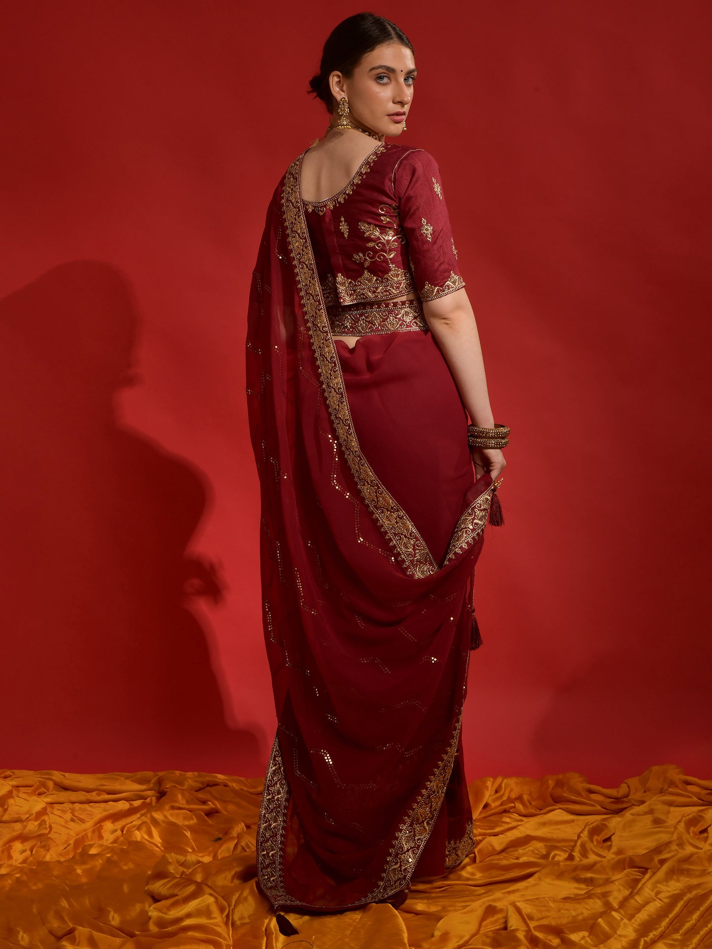 Women's Georgette Maroon Embellished Designer Saree With Blouse Piece