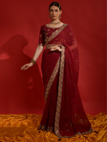 Women's Georgette Maroon Embellished Designer Saree With Blouse Piece