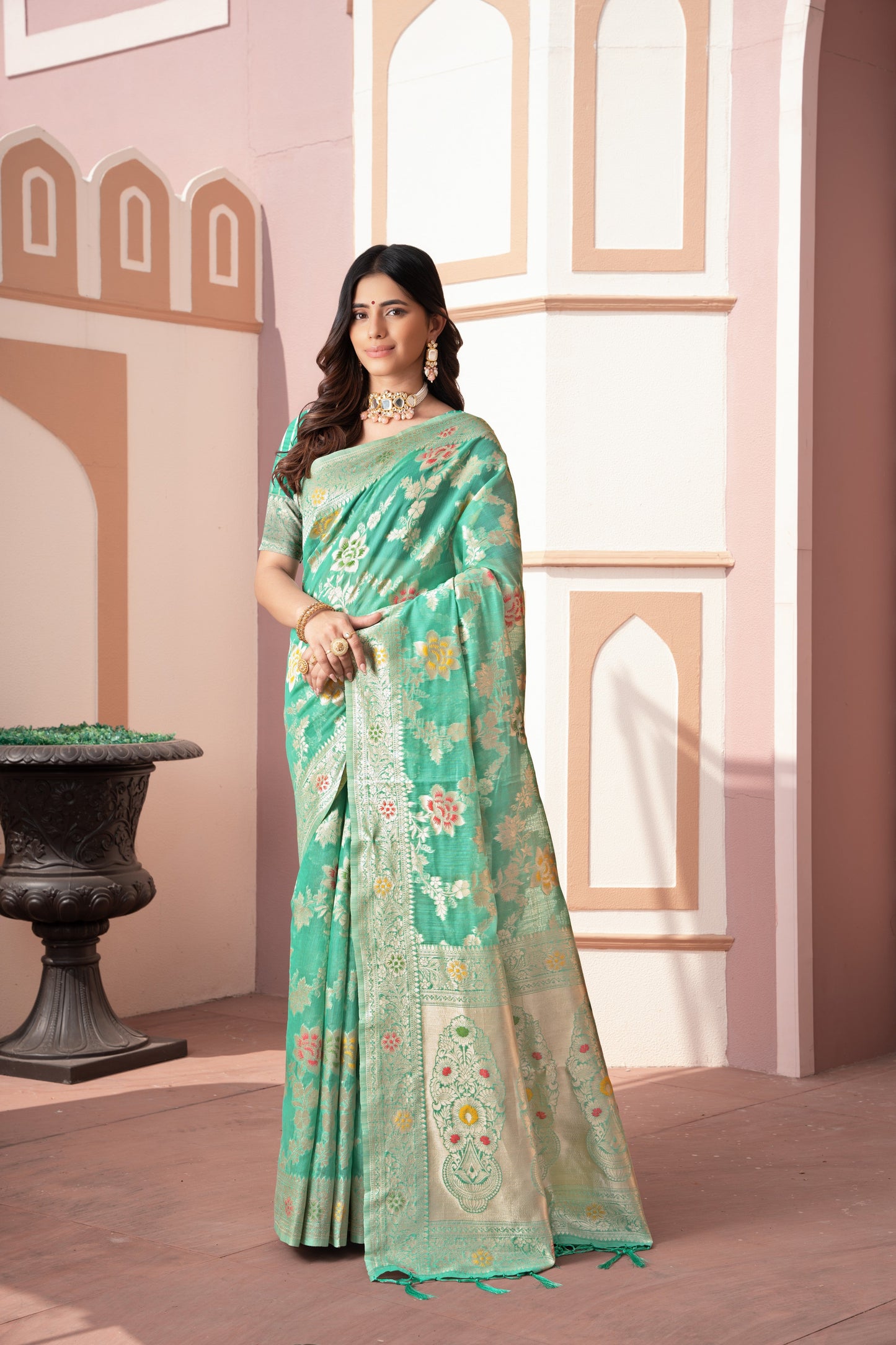 Dhiyona GR Women's Riddhi Sea Green Cotton Silk Saree