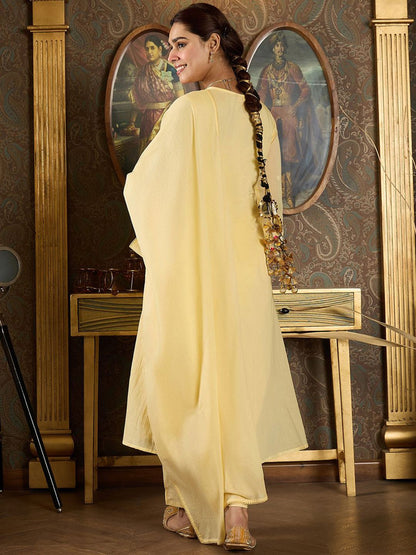 Embroidered Notch Neck Panelled A Line Pure Cotton Kurta With Trousers & Dupatta