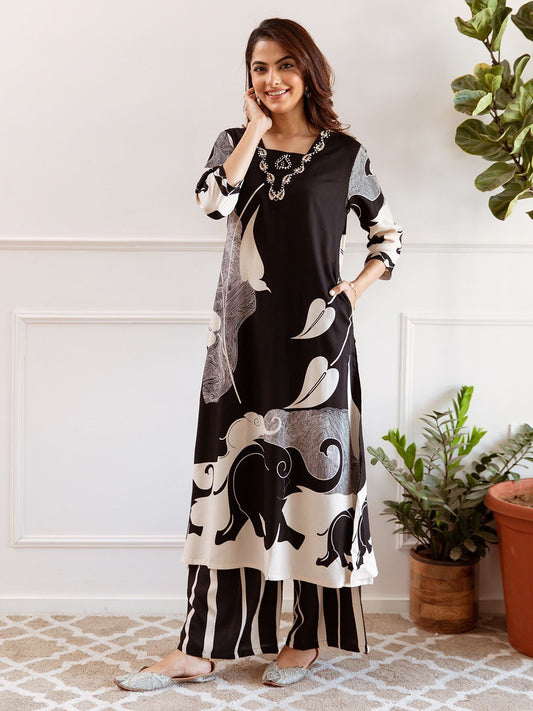 Dhiyona IS Women's Ethnic Motifs Printed Beads And Stones Straight Kurta With Palazzos