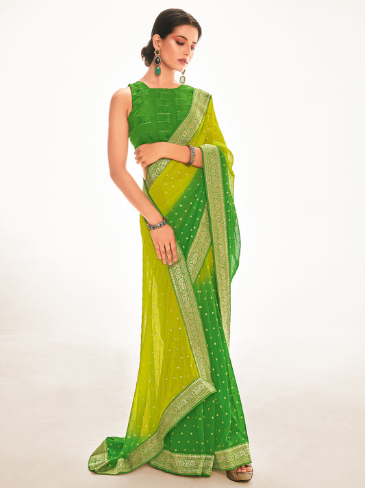 Women's Silk Blend Green Printed Celebrity Saree With Blouse Piece