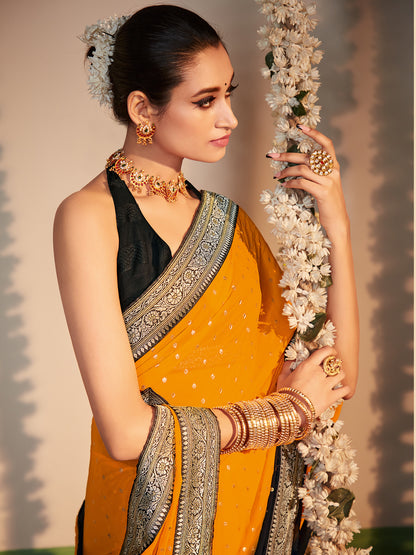 Women's Georgette Yellow Printed Designer Saree With Blouse Piece