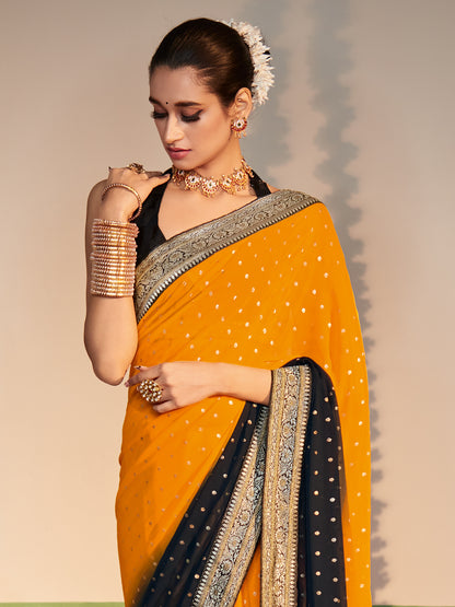 Women's Georgette Yellow Printed Designer Saree With Blouse Piece