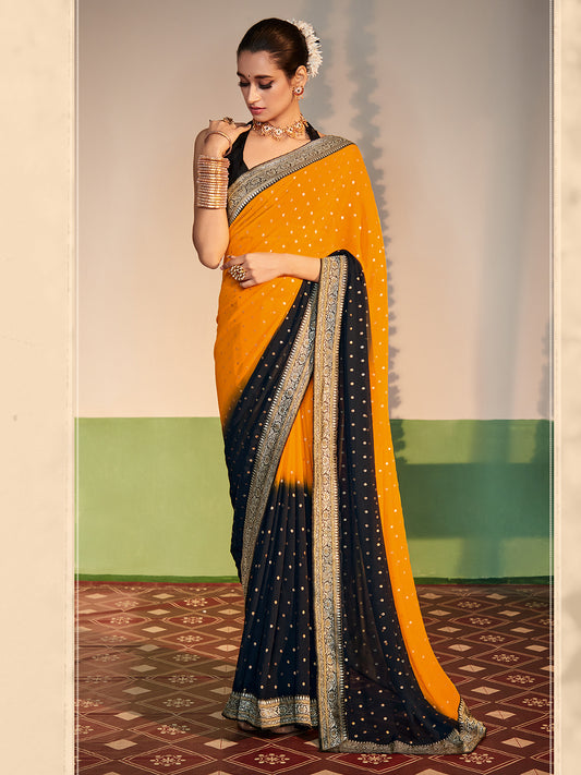 Women's Georgette Yellow Printed Designer Saree With Blouse Piece